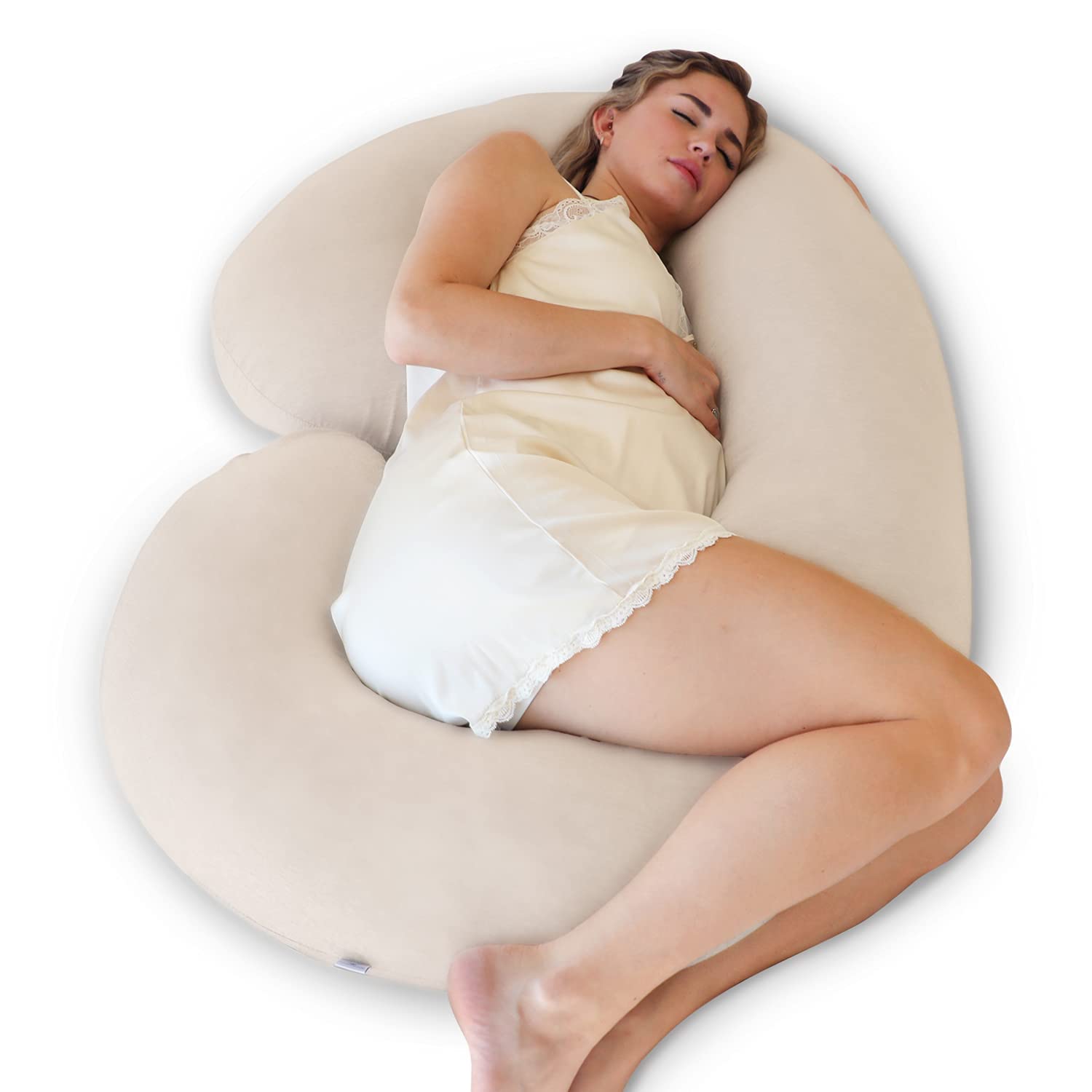 Pharmedoc Pregnancy Pillows, C-Shape Full Body Pillow – Organic Cotton Cover Beige – Pregnancy Pillows for Sleeping – Body Pillows for Adults, Maternity Pillow and Pregnancy Must Haves, New Mom Gifts