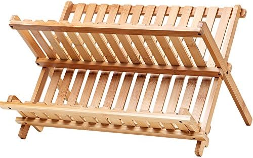 Bamboo Folding Dish Rack Drainer Bowl Plate Cup Drying Rack Holder,Kitchen Utensils Storage Organizer 2-tier Non-assemble 14 slots