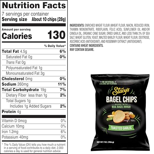 STACY’S BAGEL CHIPS, TOASTED GARLIC, NO ARTIFICIAL COLORS OR FLAVORS, 7 OZ BAG