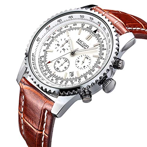 Wrist Watch Men Megir Chronograph Waterprooof Luxury Stylish Business Luminous Analog Quartz Watch with Leather Band and Calendar Display