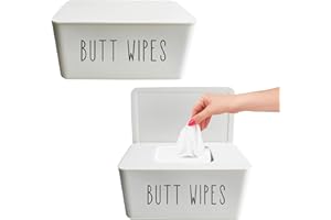 Moorfowl 2 Pack Butt Wipes Dispenser for Bathroom, Size(8.2L x 4.9W x 3.9H inches), Baby Wipes Holder Container Large Capacity Flushable Wipes Dispenser Box (2 White-BUTT WIPES)