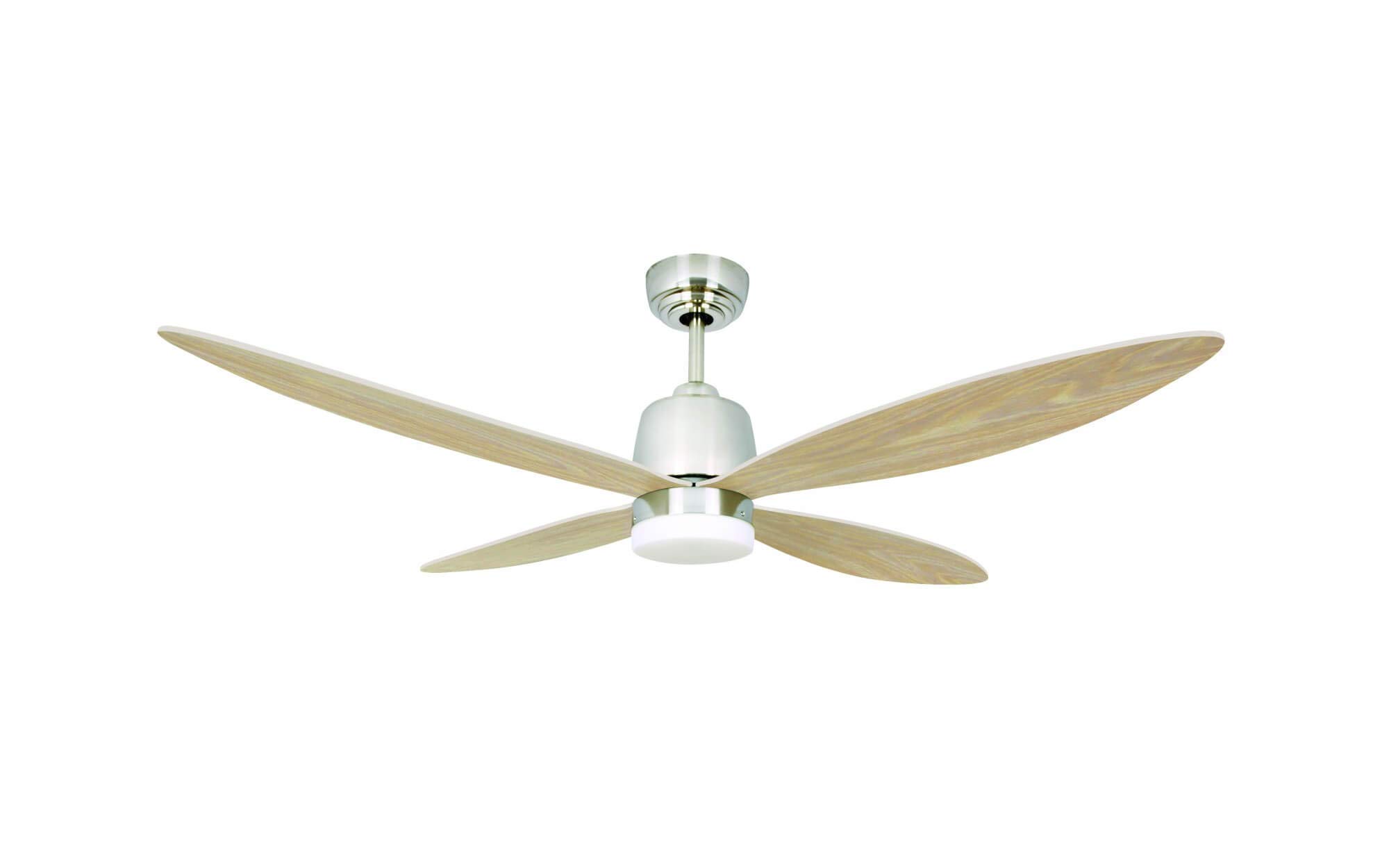 Stratus Low Energy Ceiling Fan Satin Nickel with LED Light and Remote Control Pointed Blades in Maple
