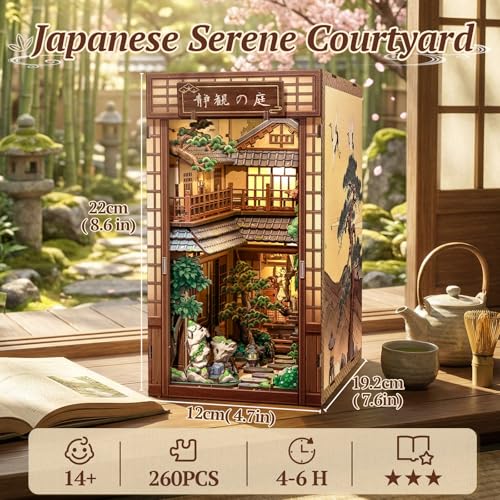 CUTEBEE Book Nook Kit - Kit de Casa de Muñecas para Adultos, Casa Miniatura Japonesa con Luz LED, Decoración para Estantería, (Serene Courtyard)