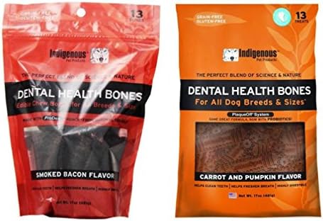 Indigenous Grain Free Dental Health Bones 2 Flavor Variety Bundle: (1) Smoked Bacon Flavor, and (1) Carrot & Pumpkin Flavor, 17 Oz. Ea.