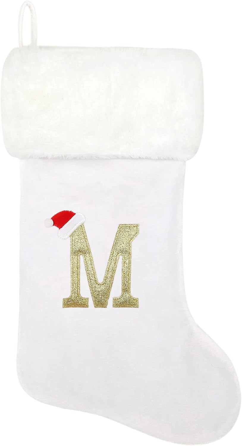Stockings & Holders - Tokforty 20 Inches White Velvet with White Super Soft Plush Cuff Monogram Christmas Stockings, Xmas Personalized Embroidered Letter Stockings for Family Holiday Decorations and Xmas Tree Fireplace（M）