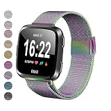 MEFEO Compatible with Fitbit Versa Bands, Stainless Steel Metal Band Mesh Bracelet with Strong Magnet Lock Wristbands Replacement for Fitbit Versa/Versa 2/Versa Lite/SE (Colorful, Small)