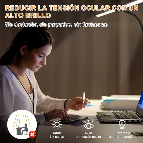 Lámpara Doble de Escritorio LED, Lampara de Escritorio con 3 Modos de Color y 10 Ajustes de Brillo, Lampara de Mesa de Brazo Flexible Ajustable 360° para Leer, Hogar y Oficina (Negro, 50 centímetros)