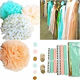 DIY Decorations Kit For Baby Shower & Bridal Events Wedding Showers - Mint Peach Glitter Gold Tissue Paper Pom Pom Gold Tissue Pom Pom Paper Tassel Polka Dot Paper Garland