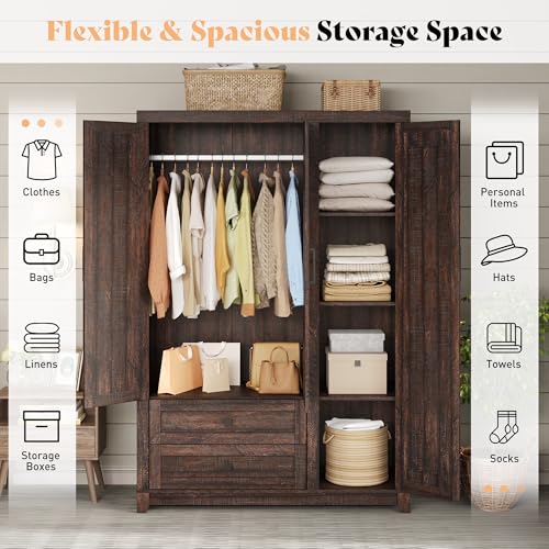 Jocisland Farmhouse 3 Door Wardrobe Closet with 2 Drawers & Hanging Rod, 47" Large Armoire Storage Cabinet with Adjustable Shelves, Freestanding Clothing Organizer for Bedroom, Barnwood Brown