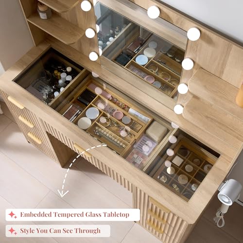 Jocisland 47.2" Fluted Vanity Desk with Mirror and Adjustable LED Lights, Large 7 Drawers Makeup Table with Glass Top and Charging Station for Women and Girls, Bedroom or Dorm, Natural Oak