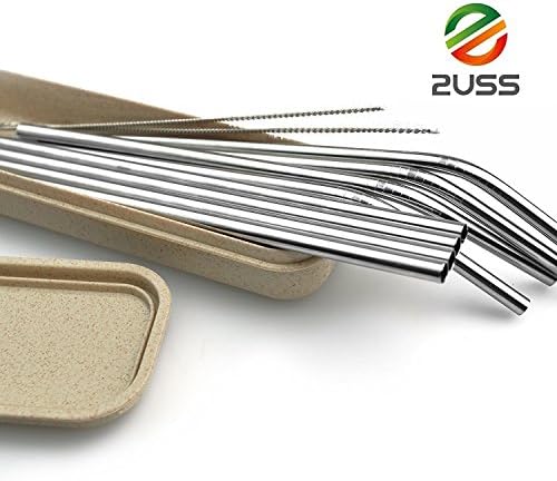 2USS Stainless Steel Straws Extra Long Straws for Yeti / Rtic / Ozark - 8 Stainless Steel Straws for 20 oz Tumbler + 2 Brushes + 1 wheat straw box