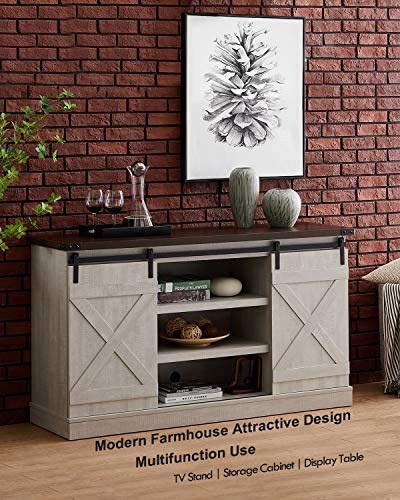 Hooseng Farmhouse Entertainment Center with Adjustable Shelves Sliding Barn Door Stands TVs Up to 60" Storage Cabinet Table for Living Room, 54" L x 15" W x 30" H, Sargent Oak - Image 4