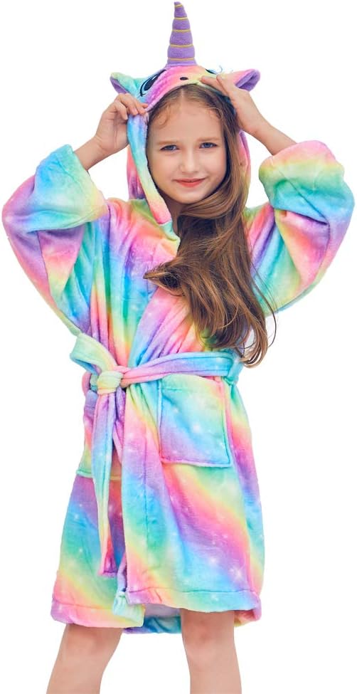 Unicorn Kids Dressing Gown Unicorn Robe Fleece Kids Bathrobe for Girls Thick Warm Hooded Robe Hooded Sleepwear for Girls Cartoon Animal Nightgown