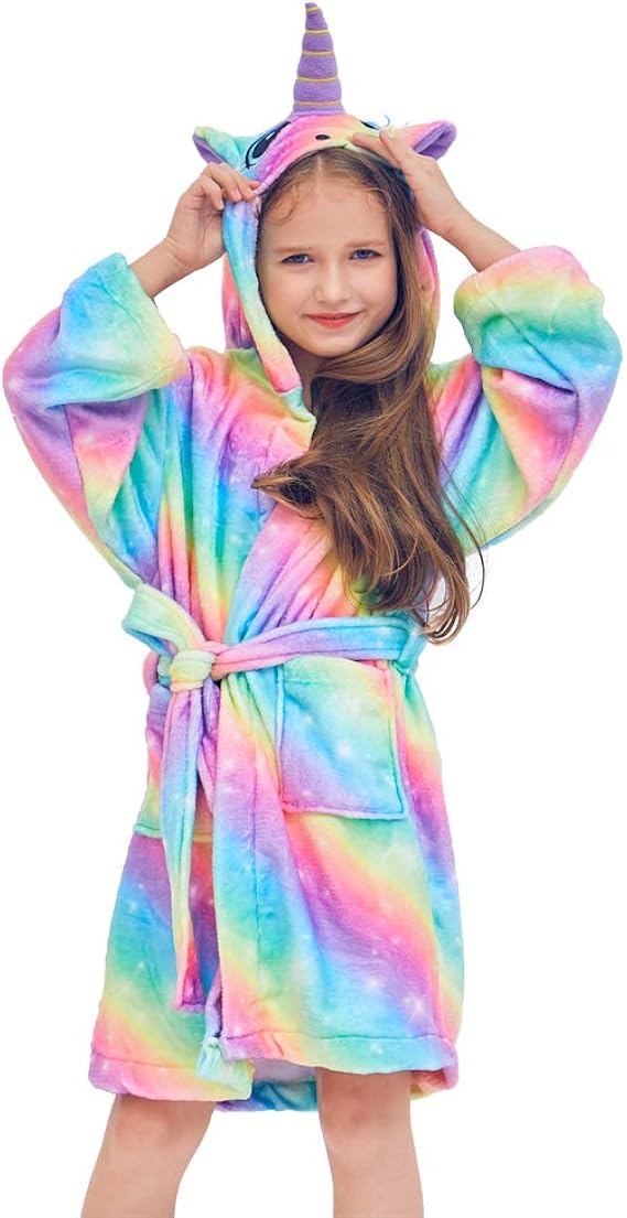 MHJY Unicorn Kids Dressing Gown Unicorn Robe Fleece Kids Bathrobe for Girls Thick Warm Hooded