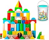 Alphabet Wooden Building Blocks Set | Brightly Colored Educational 80 pc Stacking Block Set for Toddlers & Kids Age 2, 3 & 4+ | Made from Durable Beech & Juniper Wood