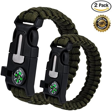 2PCS Survival Bracelet, Outdoor Survival Paracord Bracelet Kit with Compass, Whistle, Knife, Flint Fire Starter for Camping Hiking Fishing Running