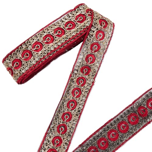CABODYALS 9.14M 45mm Red Jacquard Ribbon Embroidered Gold Floral Organza Trim Vintage Sheer Ethnic Embroidery Polyester Ribbons for Sewing Making Clothes Decor Belts Gift Wrapping Diy Craft