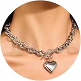 Gold Chunky Heart Necklace for Women Silver Puffy Heart Pendant Paperclip Necklace Chunky Chain Statement Jewelry