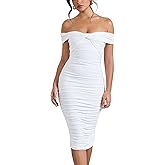 GOBLES Women's Sexy Off The Shoulder Twist Wrap Short Sleeve Ruched Bodycon Midi Party Dress