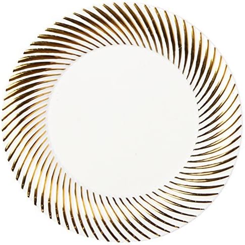 Party Joy Premium Heavyweight Plastic Disposable 7" Salad/Dessert Plates, 50 Pieces, White with Gold Swirl