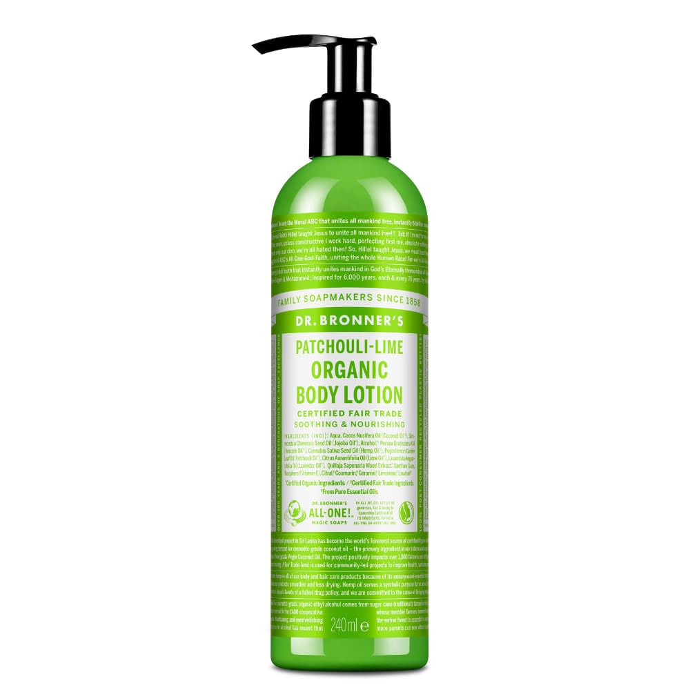 Dr Bronner's 3-in-1 Patchouli & Lime Organic Hand and Body Lotion, Made with Organic Oils. Used for Hands, Face and Body, Certified Fair Trade & Vegan Friendly, 236ml Recycled Pump Bottle — image 1