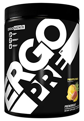 ErgoPre Pre Workout with Carnosyn.  Sugar-free preworkout for pump, muscle stimulation, energy, focus - Pineapple Mango Flavor, 30 servings