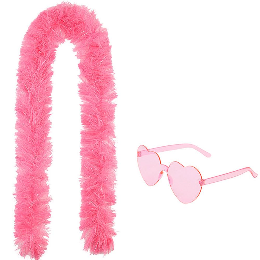 HTGWCG Feather Boa, Pink Feather Boa with Frameless Sunglasses, Feather Boas Heart Sunglasses for Parties,Celebrations,Stage Performances,And Photo Shoots(Pink)