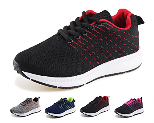 Jabasic Kids Knit Shoes Boys Girls Lightweight Lace Up Trail Running Sneakers(1,Blk/Red)