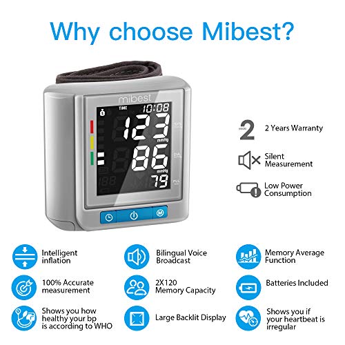 MIBEST Wrist Blood Pressure Monitor with Talking Function - BP Cuff Meter with Display - Blood Pressure Machine up 5.3"-8.5" Wrists - Blood Pressure Tester Kit with Case - Blood Pressure Gauge