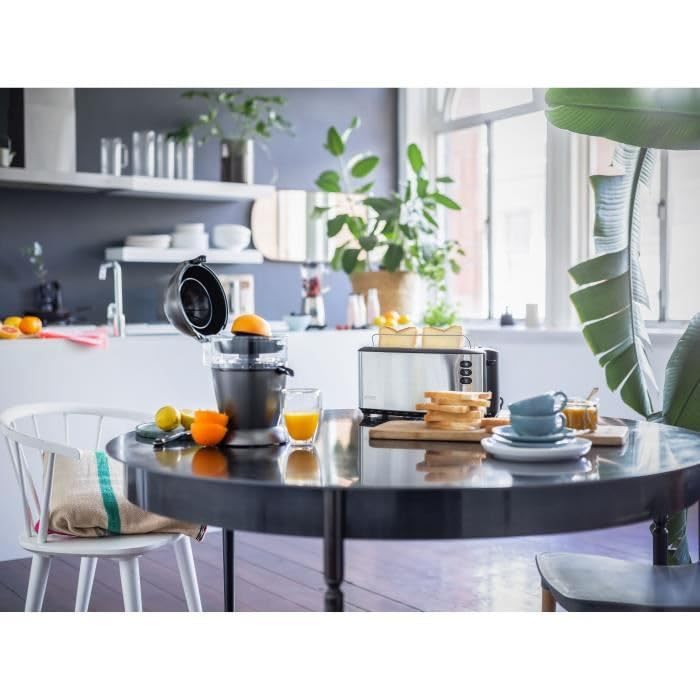 Severin Doppel-Langschlitztoaster mit eingebautem Brötchen-Aufsatz, für 4 Brotscheiben, Brotscheibenzentrierung, Aufwärm- und Defroster-Stufe, Edelstahl gebürstet, schwarz, 1.400 W, AT 2509 2