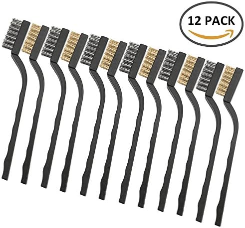 Wrightus 12 pieces Scratch Brush Set (Stainless Steel + Brass), Mini Wire Brush Bristle Curved Handle Masonry for Cleaning Welding Slag and Rust