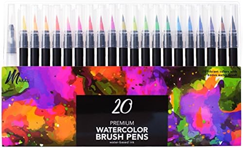 Marau Watercolor Brush Pen Marker - 20 Vibrant Colors with Blending Brush, Real Brush Tip, Premium Grade, Used for Calligraphy, Manga, Journaling, Coloring Books, Painting