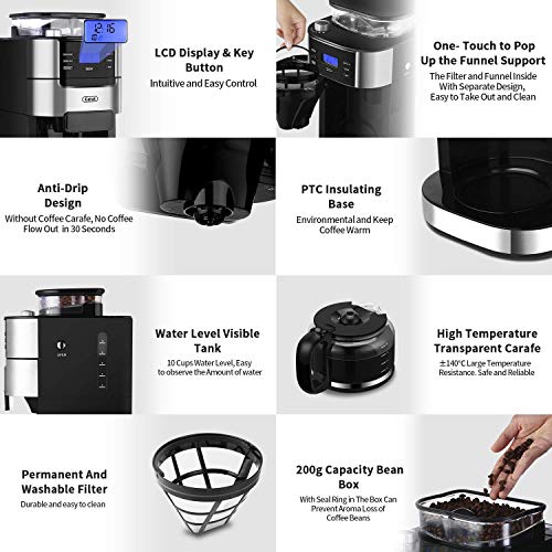 10Cup Drip Coffee Maker, Grind and Brew Automatic Coffee Machine with