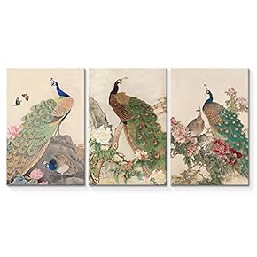 Canvas Wall Art Abstract Vintage Peacock Painting Artwork for Home Prints Framed - 16"x24" x 3 Panels
