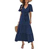 IKADEX Women Casual Swiss Dot Tiered Maxi Dress Short Sleeve Wrap V-Neck A-line Boho Flowy Summer Dress