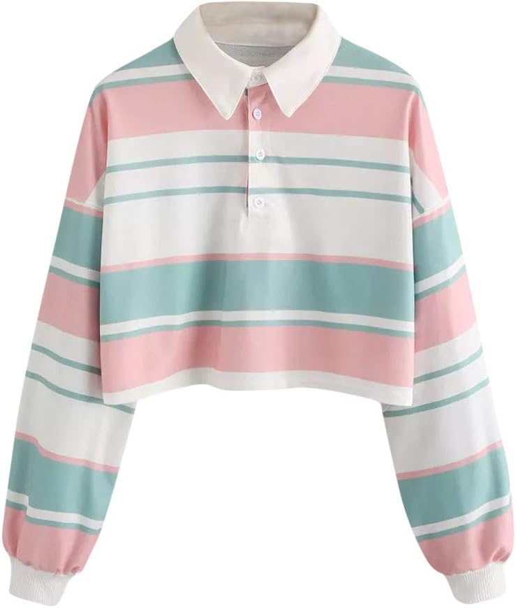 Yonlanclot Ladies Casual Striped Polo Shirt Small Sweater Blouses,Womens Striped Crop Pullover Sweatshirt Top Blouse