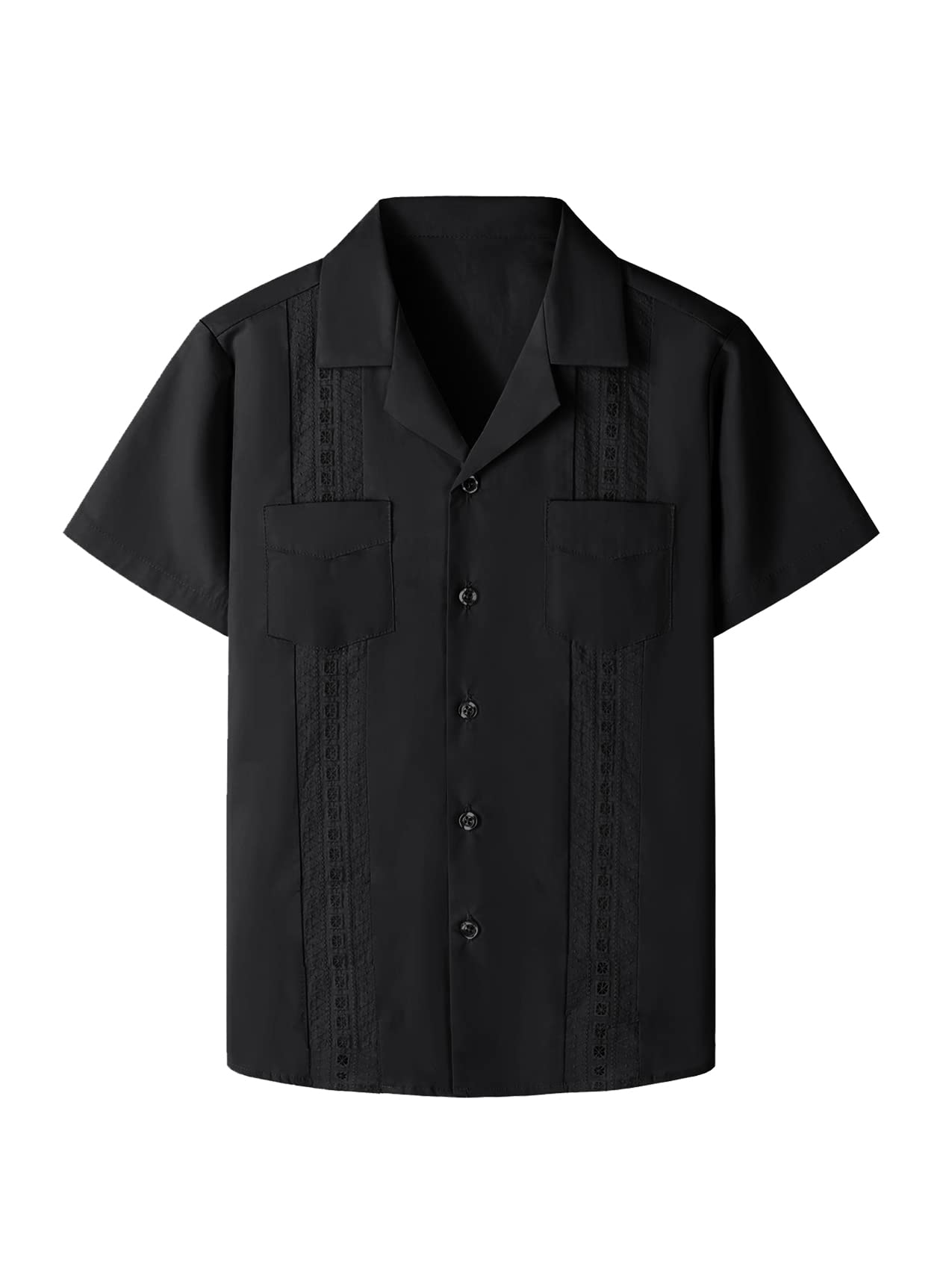 Photo 1 of Boys Guayabera Shirts Cuban Short Sleeve Tops Casual Button Down Beach Shirt Spread Collar Solid Summer Blouse Black
