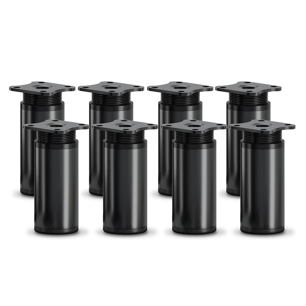 sossai® MFR1 design furniture feet, height adjustable, set of 8, round profile, diameter 40 mm, colour: black matt, height: 80 mm (+20 mm), material: aluminium, wood screws included
