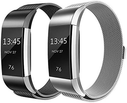 Fitbit Charge 2 Bands, SailFar Magnetic Clasp Mesh Loop Milanese Stainless Steel Metal Bracelet Strap/Watch Band for Fitbit Charge 2,Small/Large, Men/Women (Small, Black + Silver)