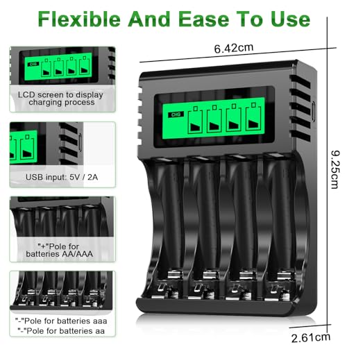 POWEROWL Quick Charger Rechargeable Batteries, LCD Charger for Ni-MH Rechargeable AA/AAA Batteries, Independent Slot & USB Quick Charge