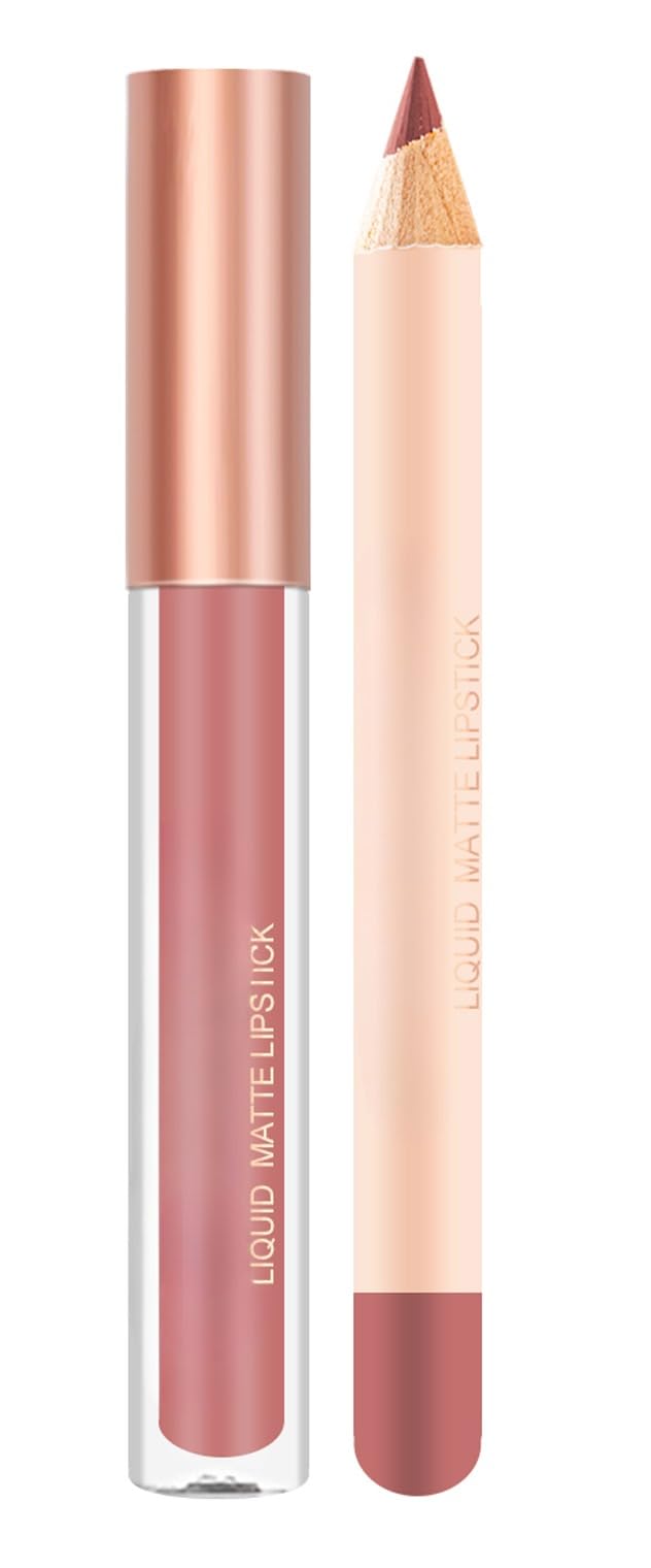 EOGRFW 2Pcs Lip Liner & Lipstick Makeup Set, Matte Liquid, Non-Sticky Long Lasting, Waterproof Lip Stain, Velvety Nude Matte Set (01)