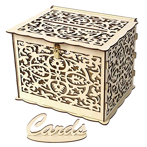 dezirZJjx Wooden Cards Box, DIY Wedding Gift Cards Box Party Decoration Hollow Case Holder with Lock