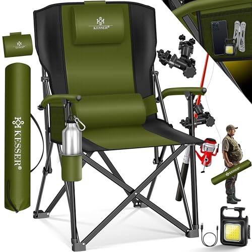 KESSER® Campingstuhl faltbar bis 160 kg | Angelstuhl Faltstuhl Klappstuhl Gepolstert mit Armlehnen | Campinglicht und Getränkehalter + Tasche mit hohe