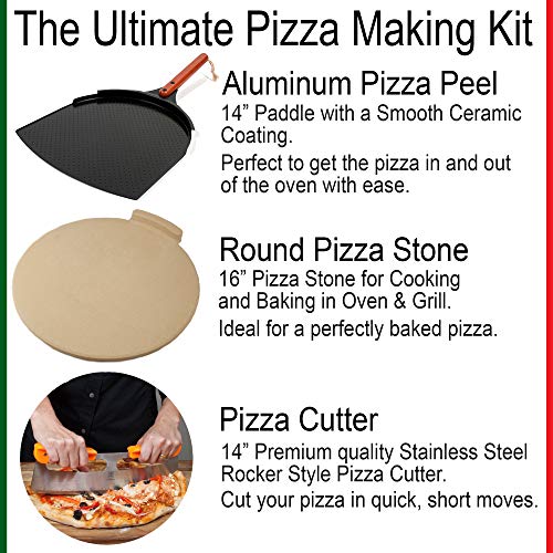 The Ultimate Pizza Making Tools â€“ Classic 16â€ Round Pizza Stone, 14â€ Aluminum Pizza Peel and 14â€ Stainless Steel Rocker Cutter | Great Bundle for Baking Pizza, Cookies, Bread in Oven or Grill