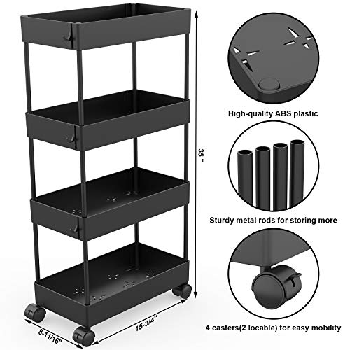 AOJIA 4 Tier Utility Cart, Bathroom Storage Cart Organizer Mobile Shelf Units Black Bathroom Cart with Wheels for… - Image 3