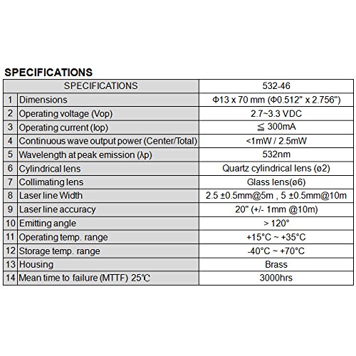 Quarton Laser Module VLM-532-46 LPT (GREEN LINE LASER) Laser line accuracy: 20" (+/- 1mm @10m)