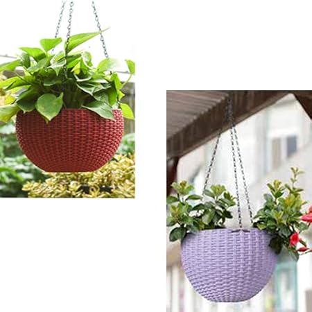 Antier (Maroom and Purple) 2 pcs Round Plastic Resin Chain Basket Hanging Planter Hanging Flowers and Plants,Growers