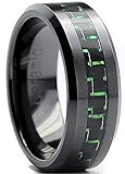8MM Flat Top Men's Black Ceramic Ring Wedding Band With Black & Green Carbon Fiber Inaly Sizes 5 to 15