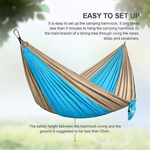 JBM Hammock Single Double Camping Lightweight Portable Parachute Hammock Outdoor Hiking Travel Backpacking - Nylon Hammock Swing - Support 400lbs with Nylon Ropes and Steel Carabiners (Blue & Yellow) - Thumbnail 3