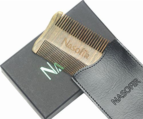 Dual Wooden Beard Comb, Mustache &amp; Hair Comb, Using Natural Green Sandal Wood with Gift Box and Synthetic Leather Case